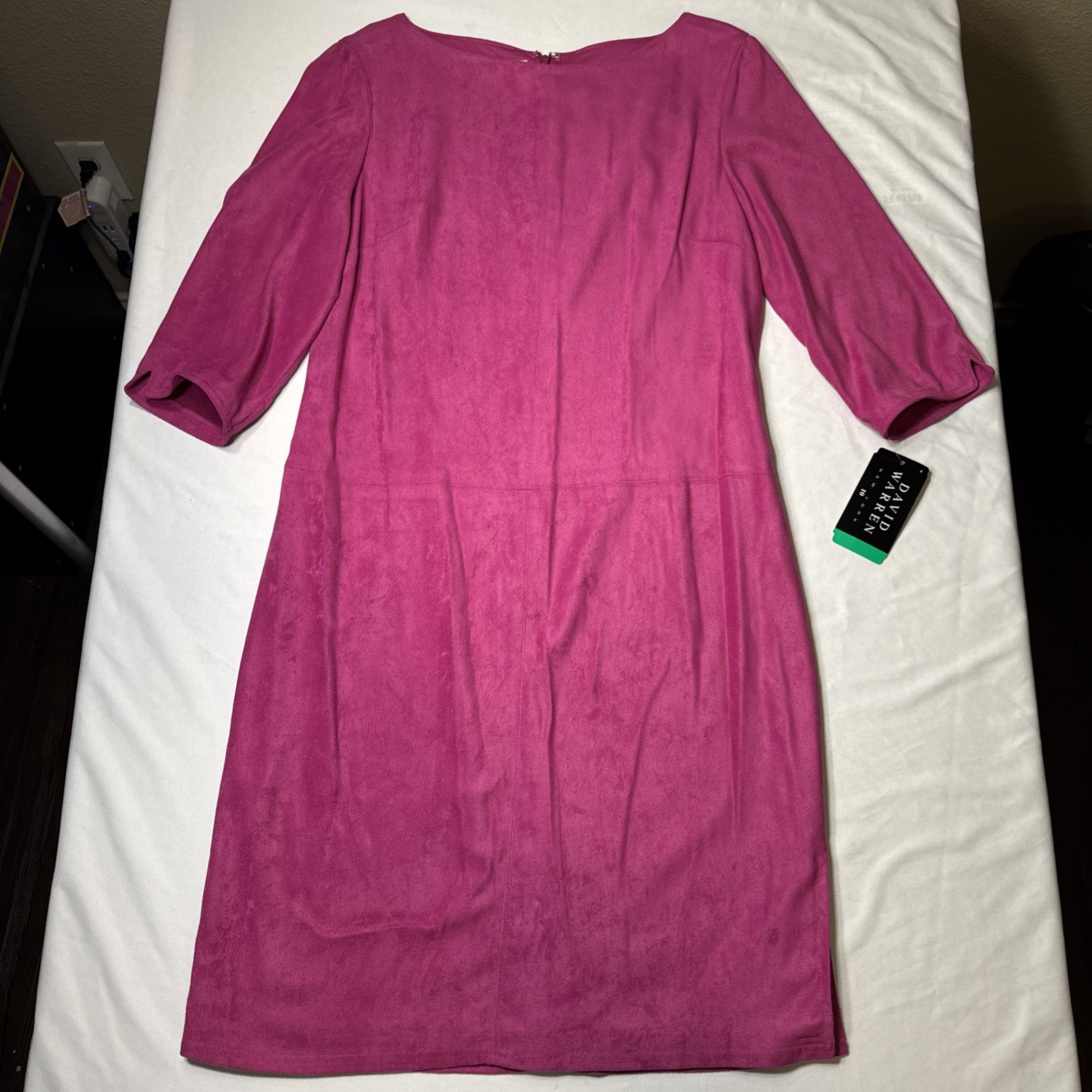 David Warren New York Magenta Faux Suede Boat Neck 3/4 Sleeve Shift Dress 10 New