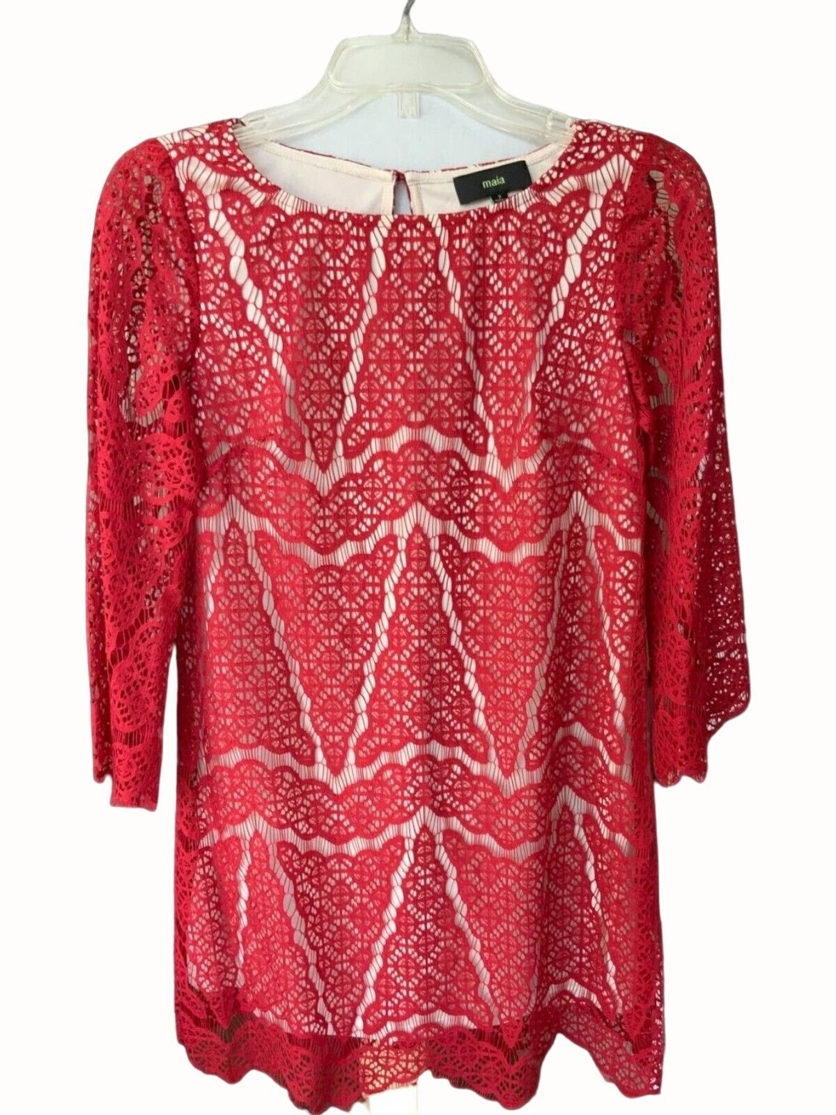 Maia Womens Designer Red Lace Scalloped Edge Shift Dress Lined Crochet NEW 2