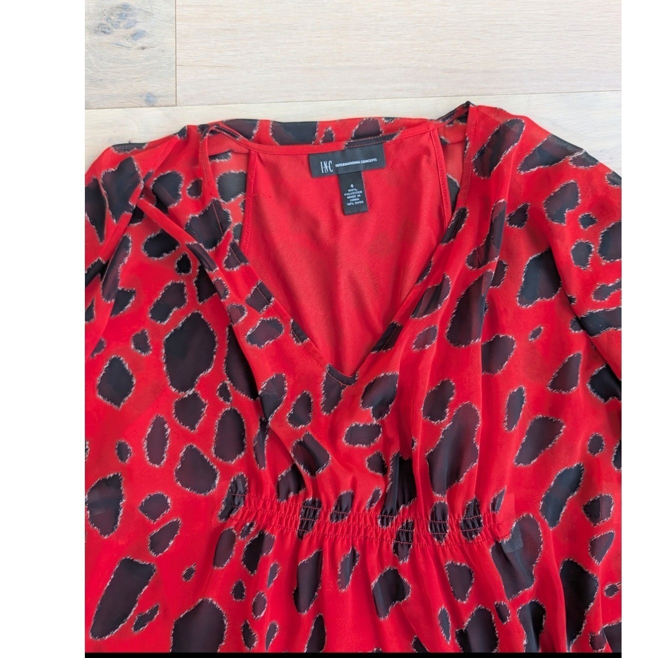 INC International Concepts Red Animal Print Kimono Sleeve Faux Wrap Dress Size 4