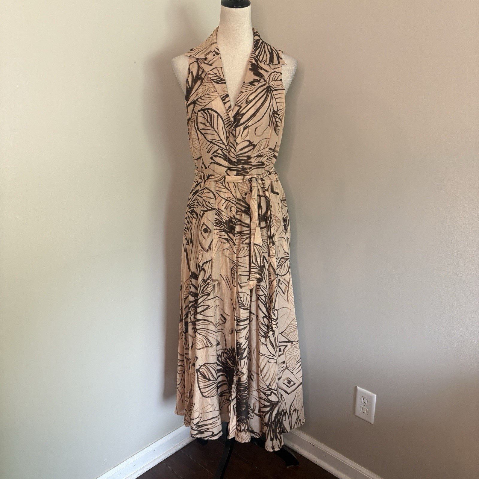VTG Jones New York Midi Dress Silk & Cotton Floral Print Belted Tan Brown Y2K 8