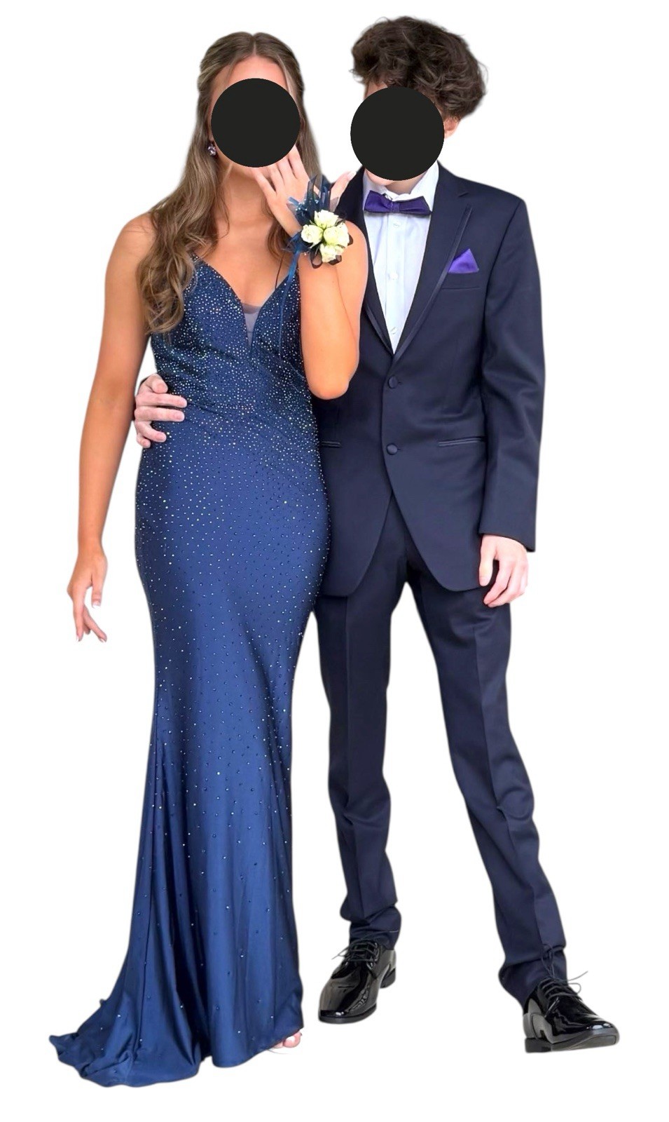 Dancing Queen Navy Blue Beaded Sparkling Maxi Train Evening Dress Sz S