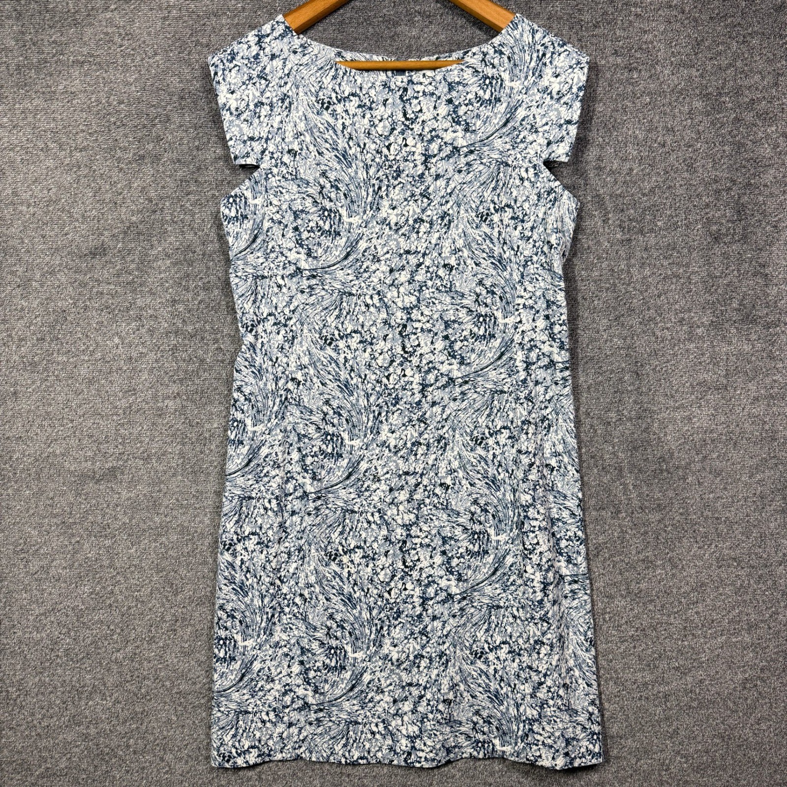 MM.LaFleur Etsuko Dress Size 12 Blue White Marble Print Sheath Cap Sleeve