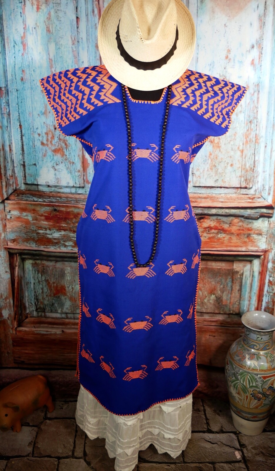 M/L Huipil Kaftan Handwoven Blue & Orange Crabs San Juan Colorado Oaxaca Mexico