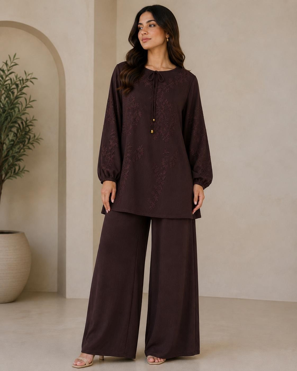 Women’s Embroidered Co Ord Set, Modest Tunic and Wide Leg Trousers, Loose