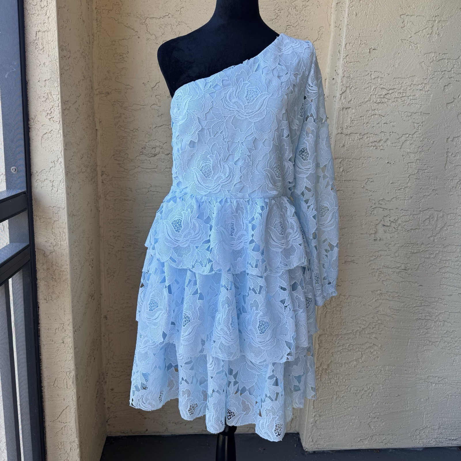 NWT Layered With Love One Sleeve Dress Sz M in Blue Sky Lace Above Knee