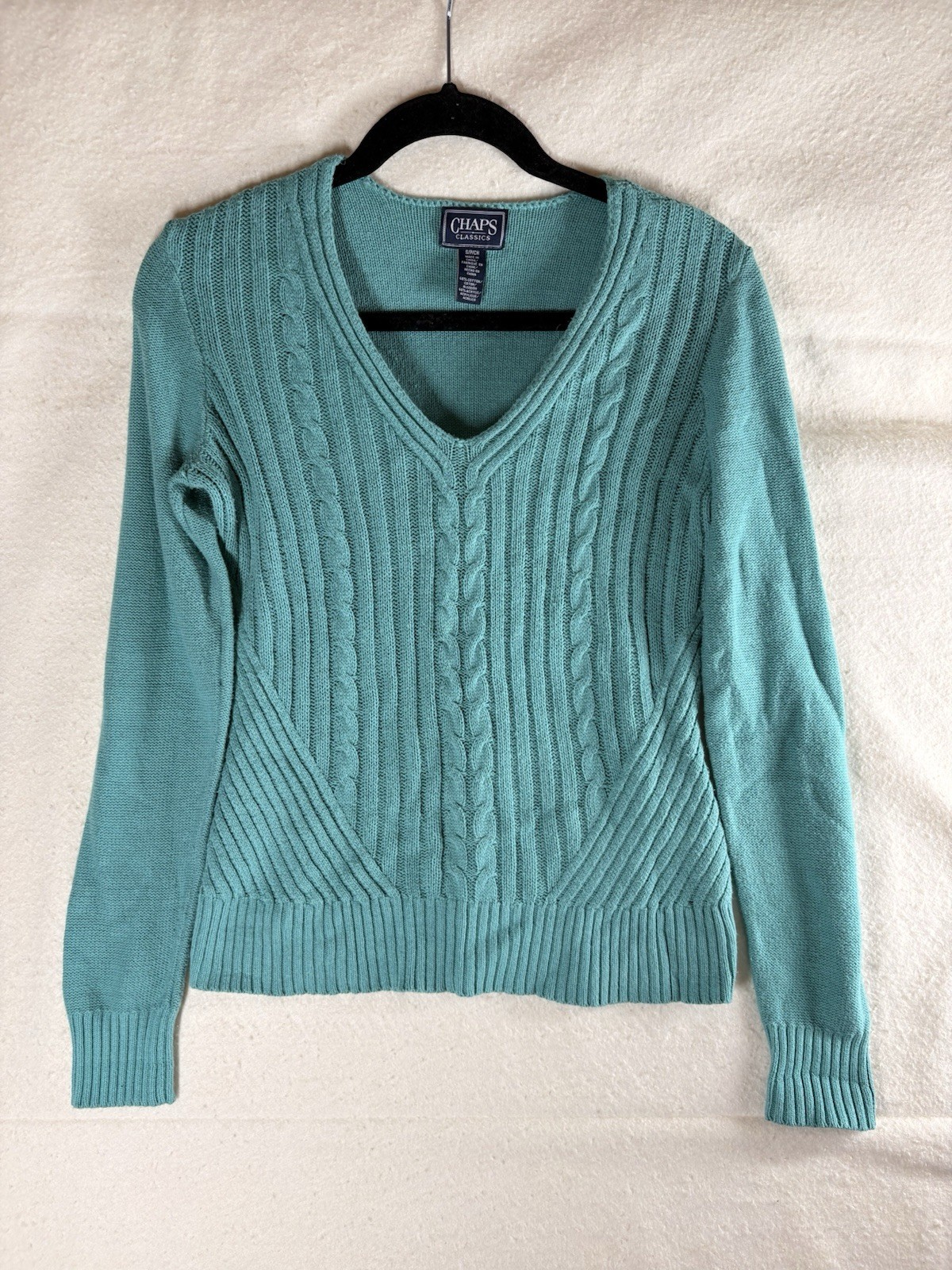 Chaps Classics Cable Knit V Neck Sweater Women’s Small Aqua Cotton Blend Preppy