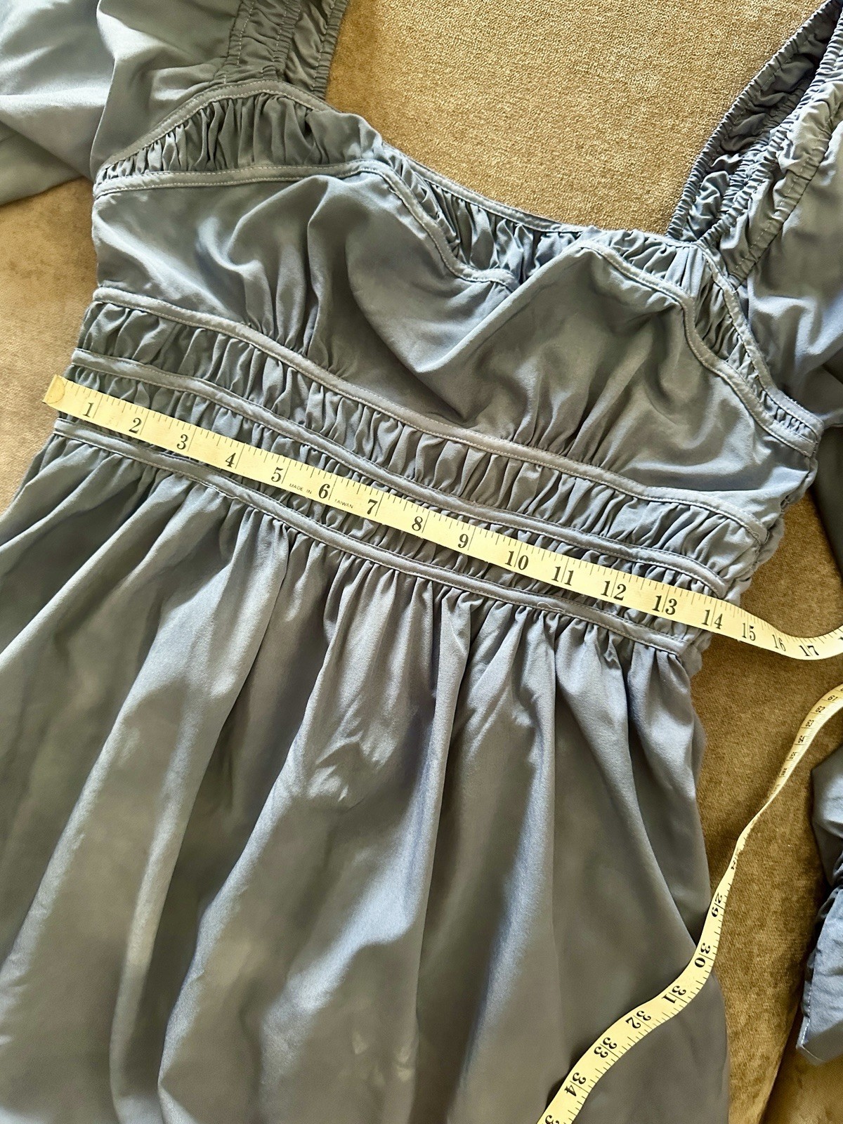 ASTR The Label Blue Dyed Smocked Puff Long Sleeve Mini Babydoll Peasant Dress L