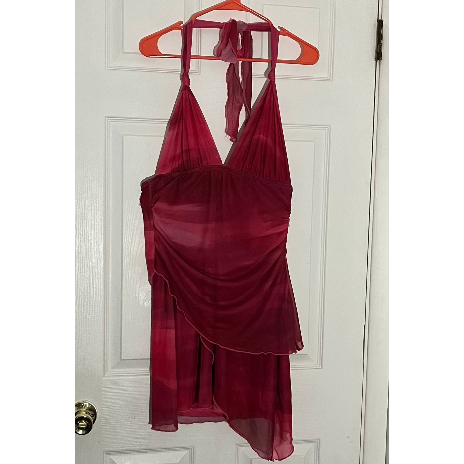 Women’s Berry Pink Halter Bodycon Mini Dress | Mesh Ruched Open Back | Size L