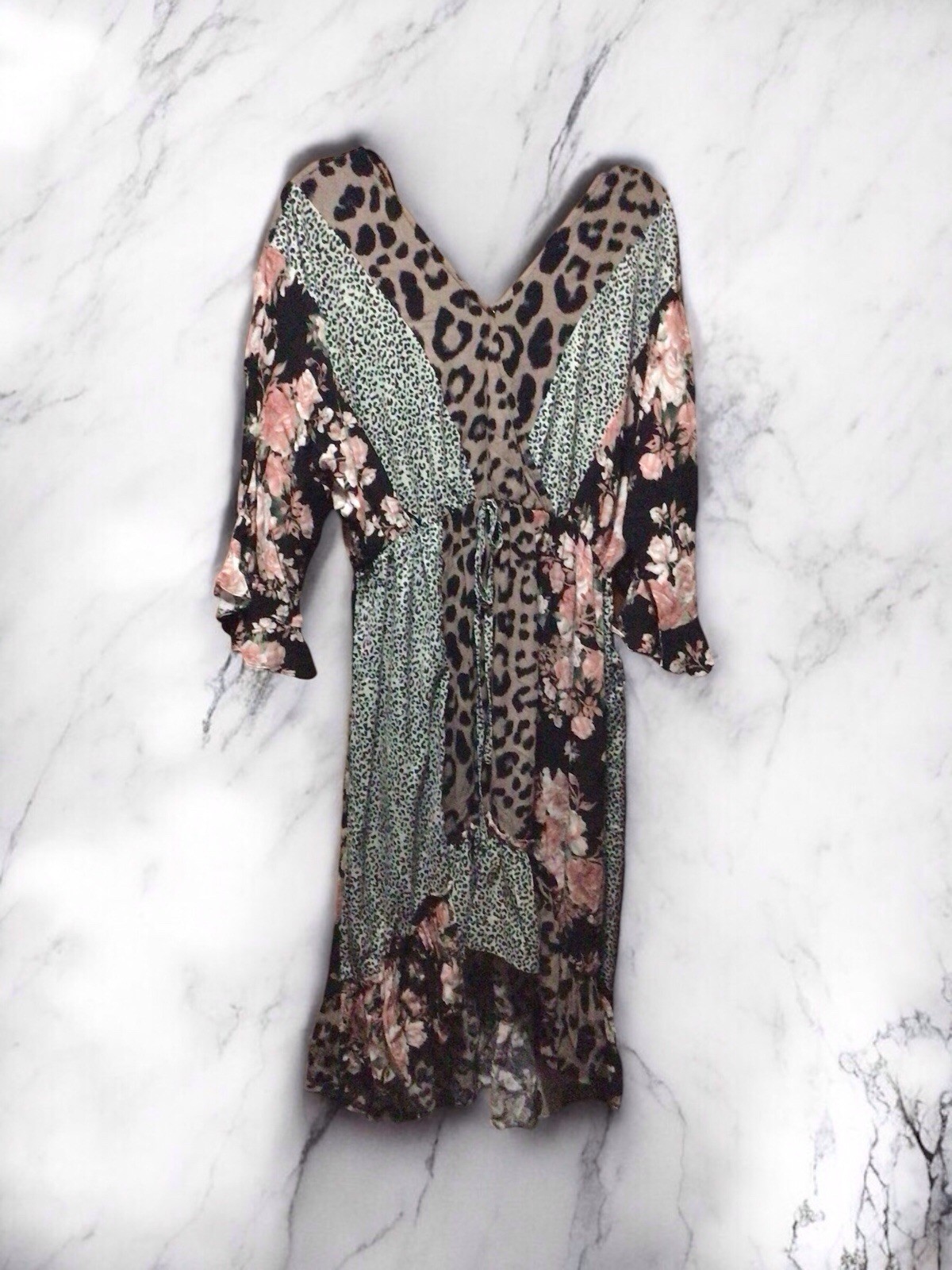 Gigio Usa Animal Print High Low Dress L Multicolored Floral V Neck Elastic Waist