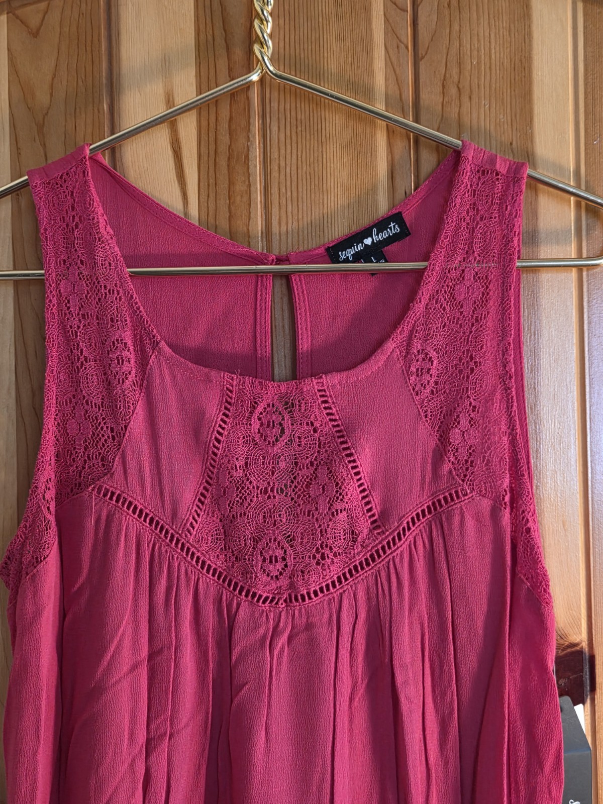 Macys Sequin Hearts Sleeveless Crochet Yoke Flowy Dress Raspberry Red Large NWT