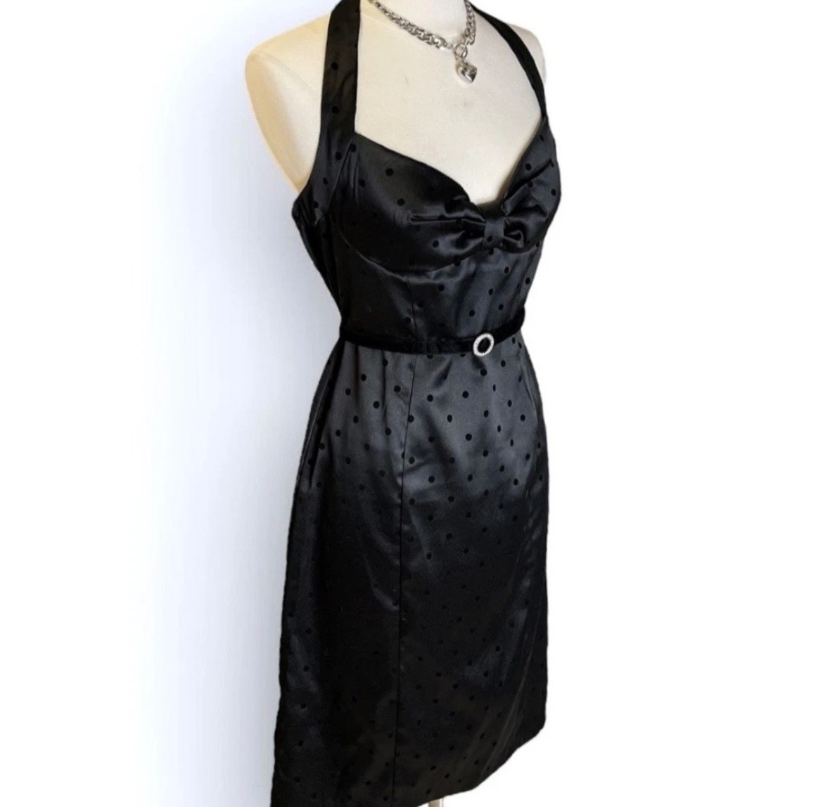 Vintage Whimsigoth Pinup Punk Halter Little Black Dress Satin Cocktail Size 9