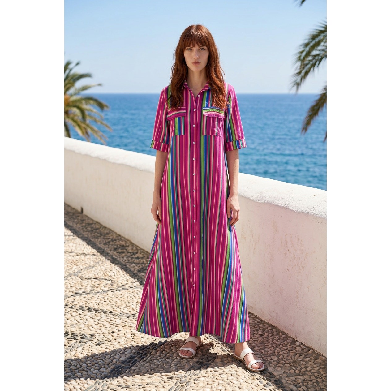 Stripey Button Down Shirt Dress Maxi L/XL Oversized Dopamine Kaleidoscope Boho
