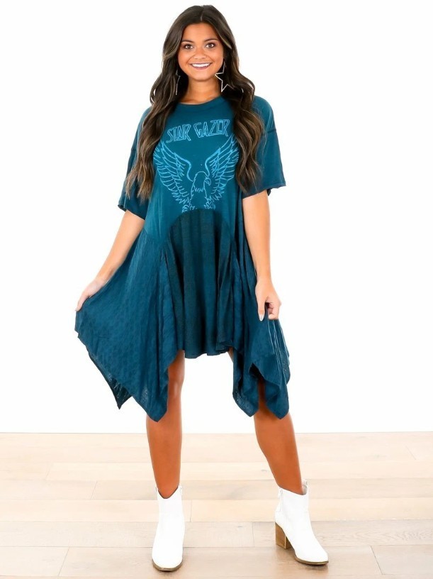 free people THE JERRY LOUNGE teal blue star gazer eagle boho t shirt DRESS top S