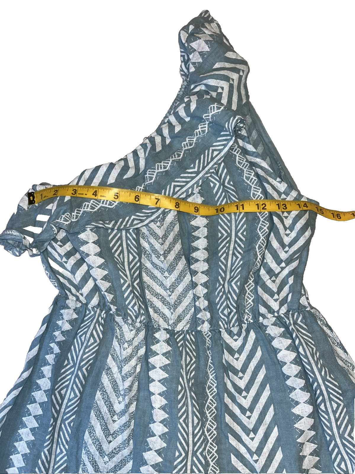 Valentina Naldi Large Italy Ruffle Trim One Shoulder Linen Dress Blue Boho