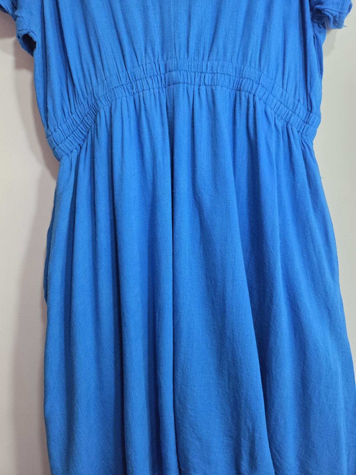 FRIA Size 12 Blue V-Neck Flutter Sleeve Elastic Waist Fit & Flare Short Dress