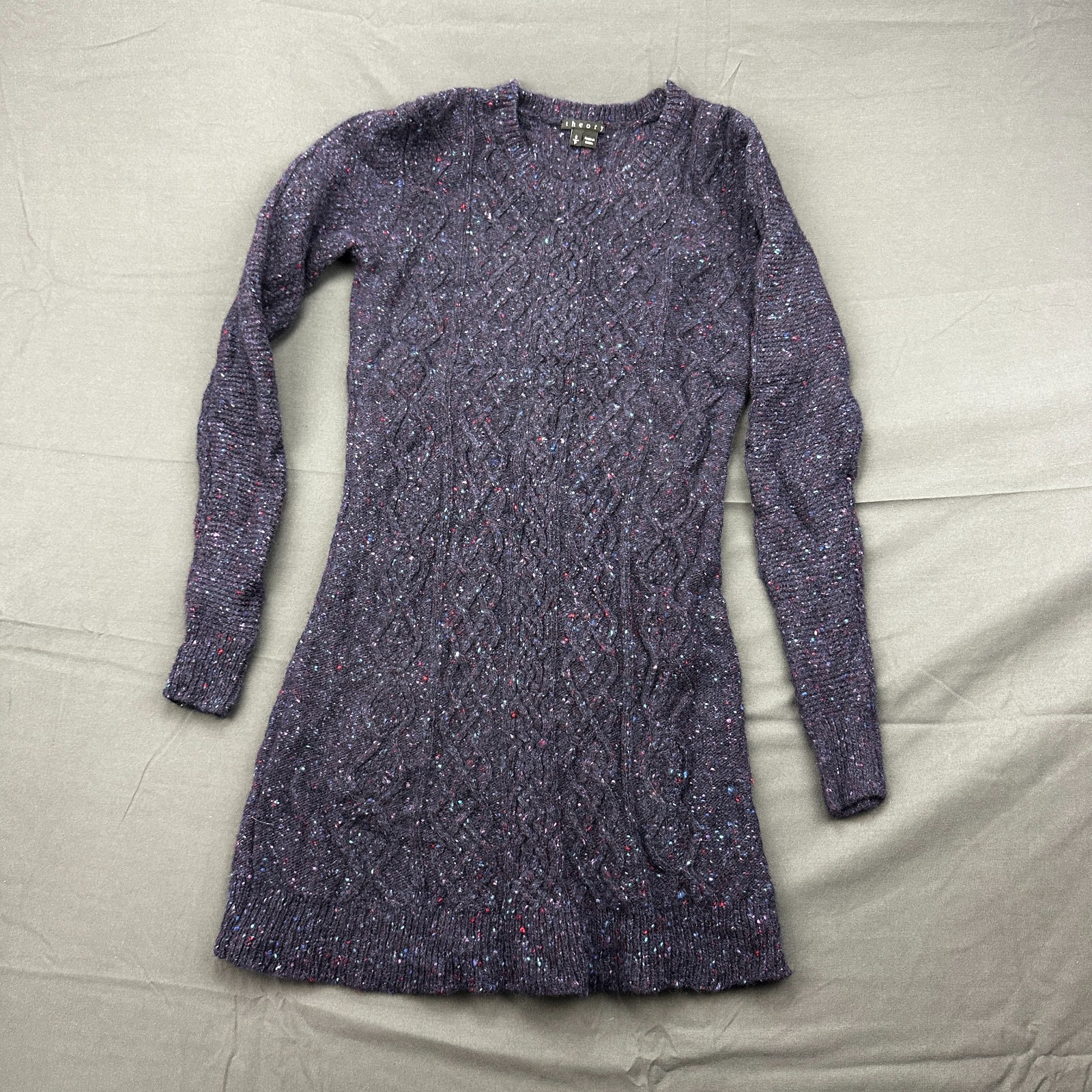 Theory Mayly Fleck Wool Sweater Dress Women’s Small Purple Cable Knit Crew Neck