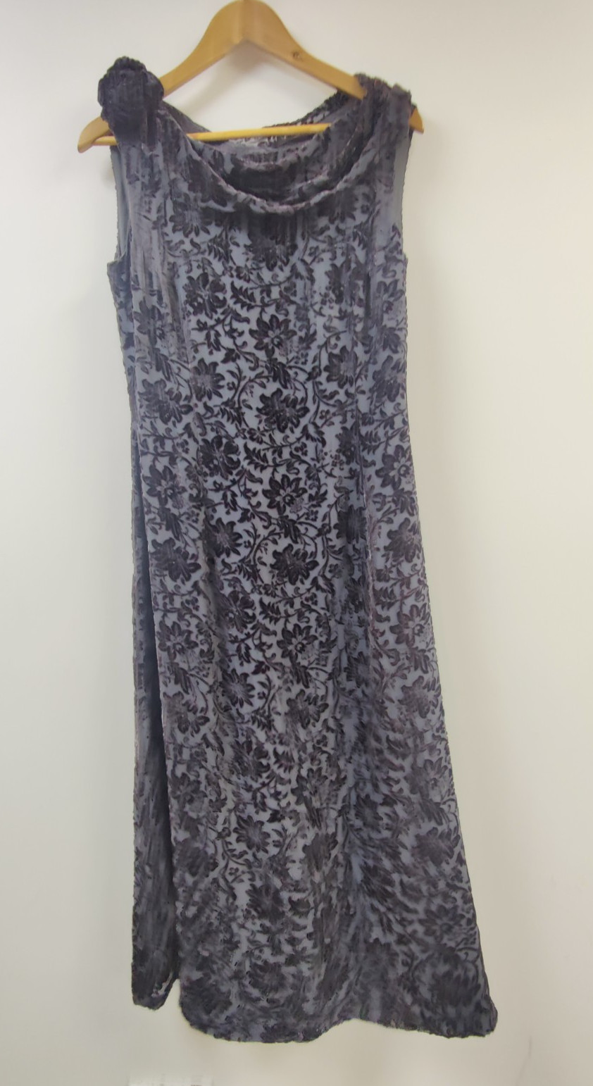 Laura Ashley Millennium 2000 Devoré Velvet Dress UK 14 Gunmetal Silver Floral