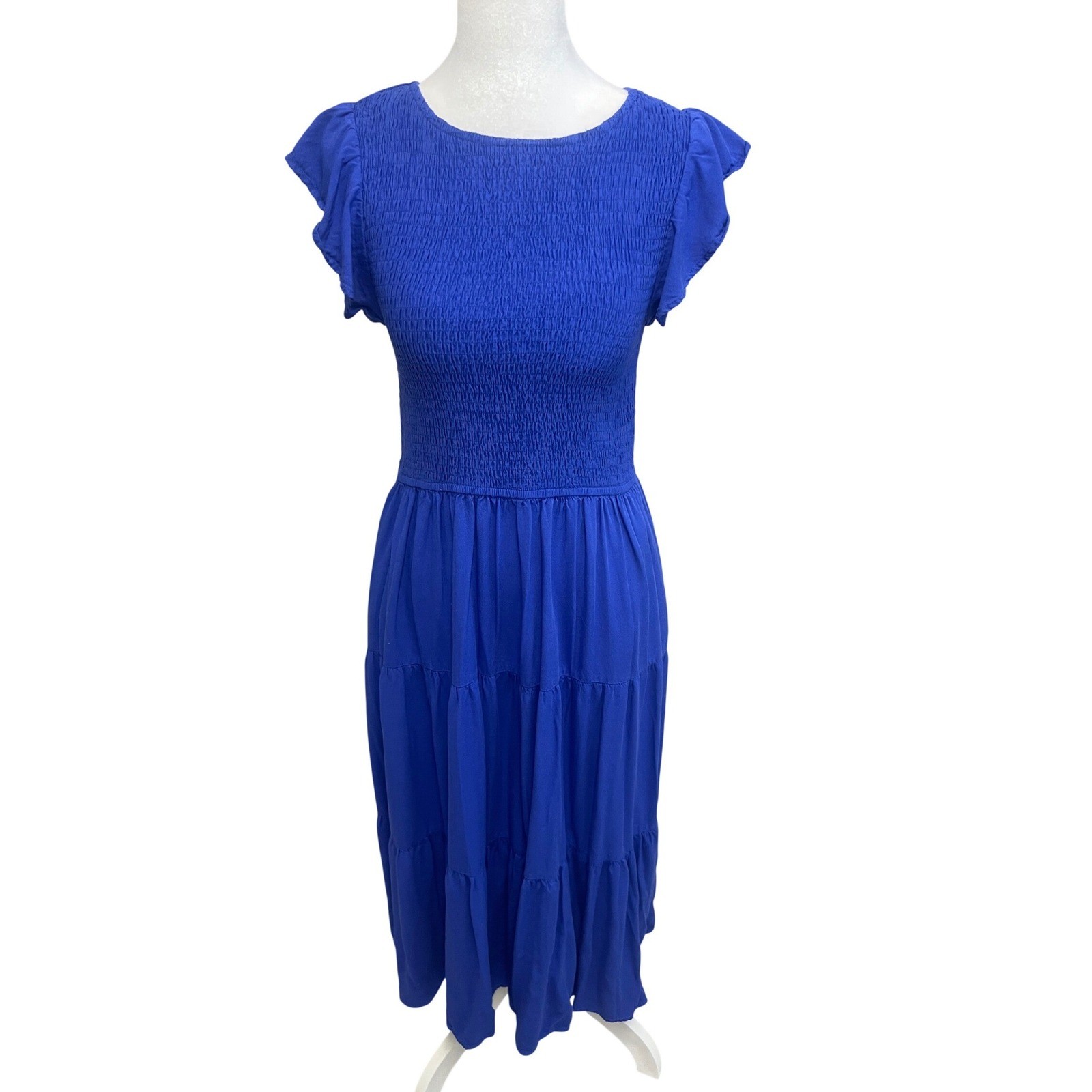 MEROKEETY Smocked Midi Dress Royal Blue Flutter Sleeve Tiered Skirt Sz M Boho