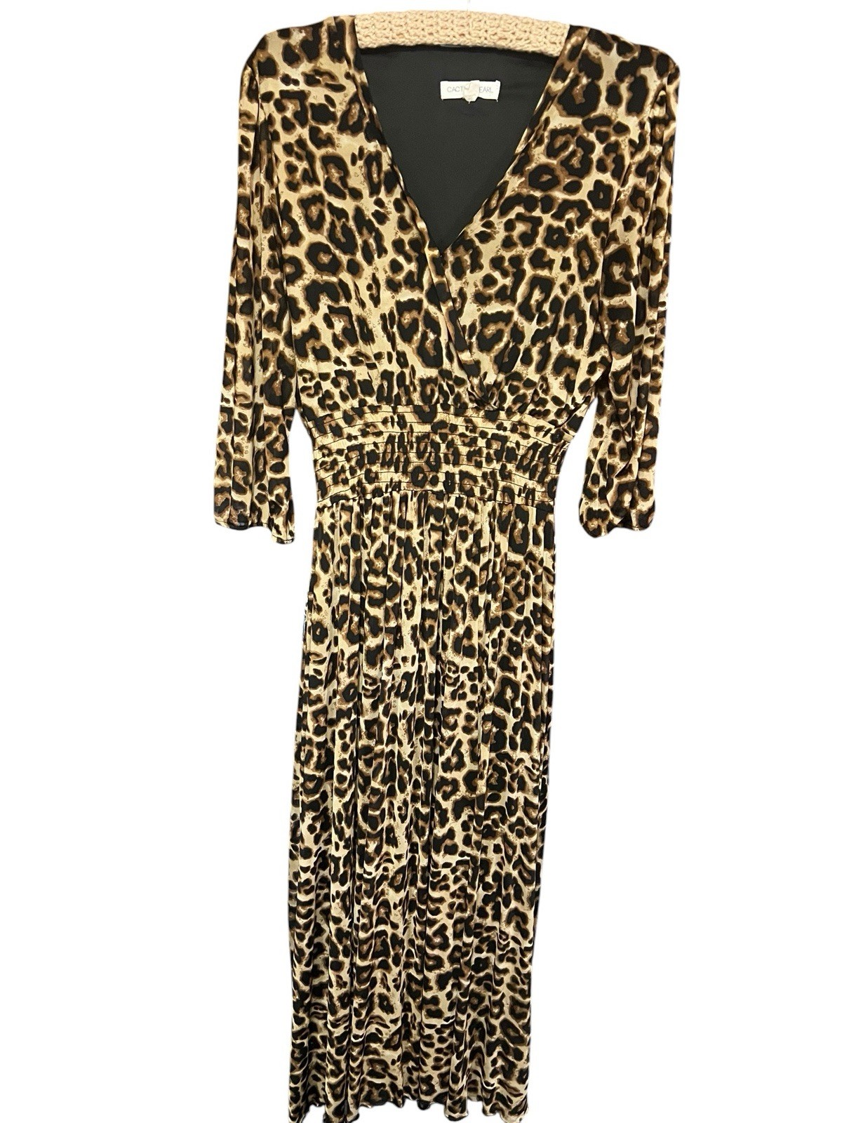 Leopard Maxi Modest V Neck Sheer Quarter Sleeve Business Church Boho Dress Sz XL