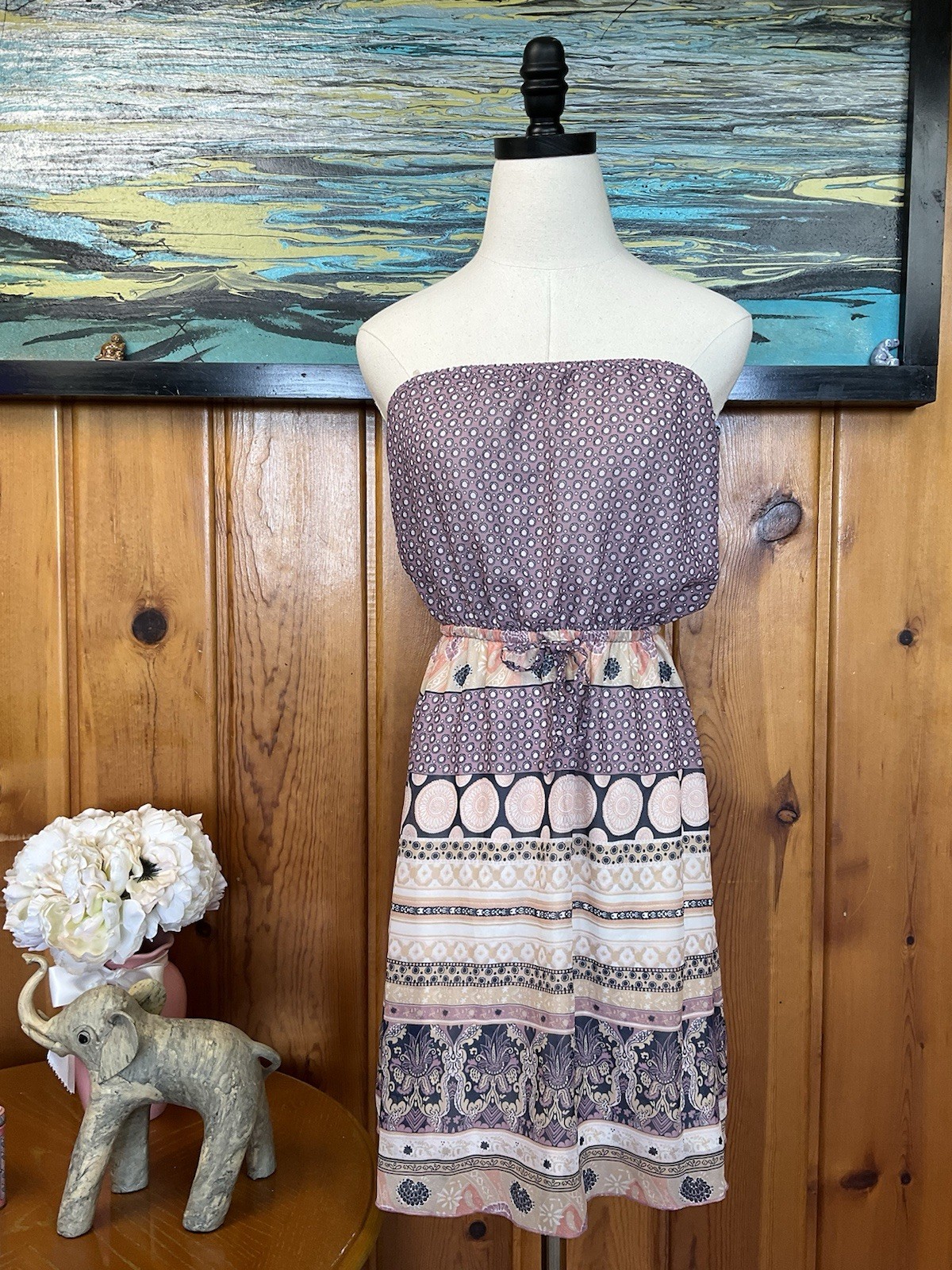 Medium Strapless Dress Purple Tan Paisley Boho Pattern Light Navy Blue Stripe