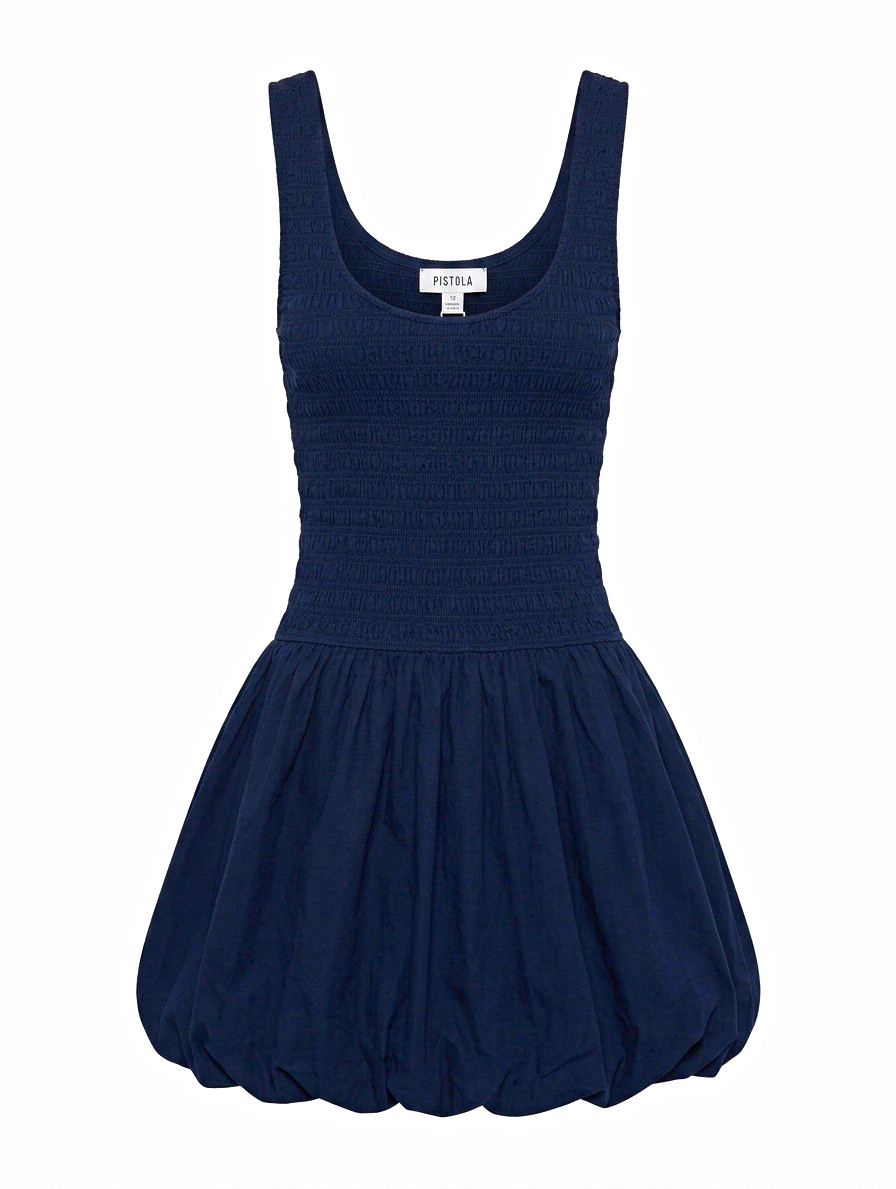 Pistola Ilona Bubble Hem Smocked Cotton Mini Dress in Navy Peacoat Sleeveless M