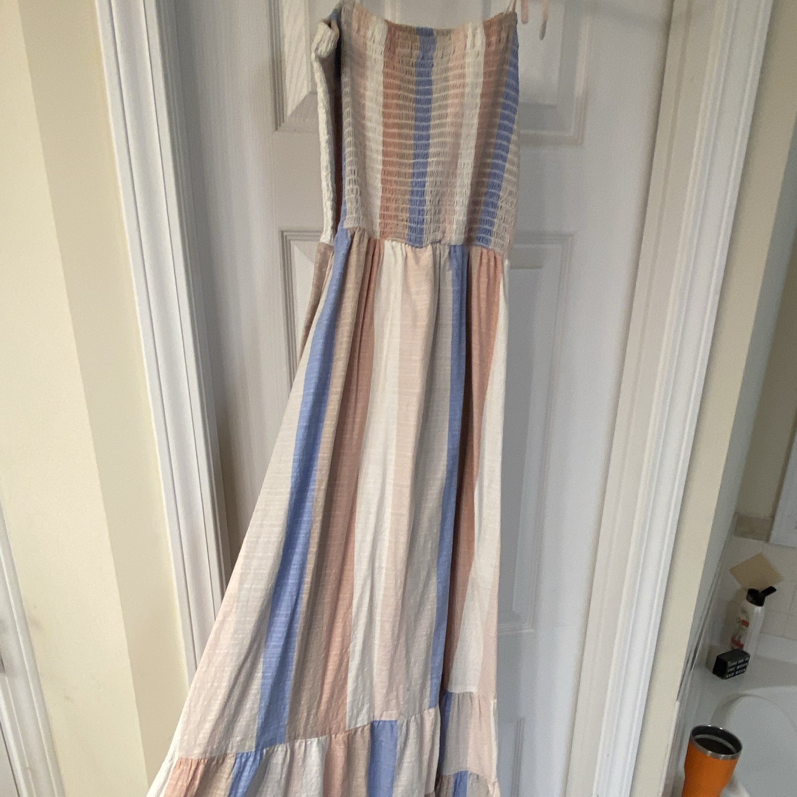 Altar’d State Striped Smocked Tiered Maxi Dress L Blue Pink White Square