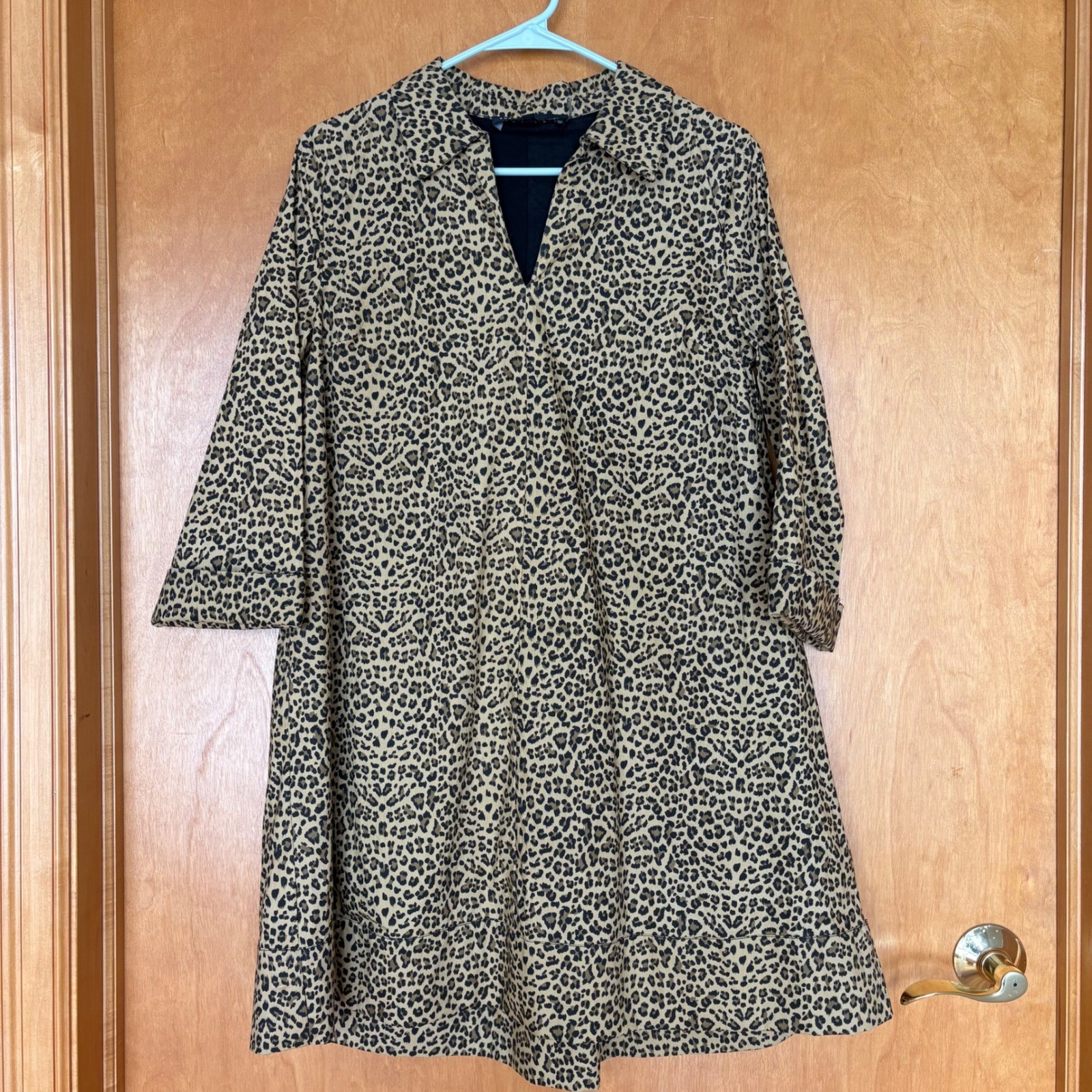 English Factory Leopard Cotton Shift Dress V-Neck Cuffed Sleeve Brown Tan S