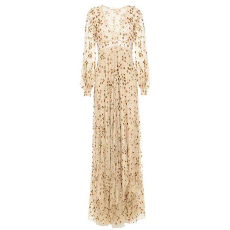 LoveShackFancy Maxi Gown Gold Nude Sequin-Embellished Tulle Janet Dress Sz 0