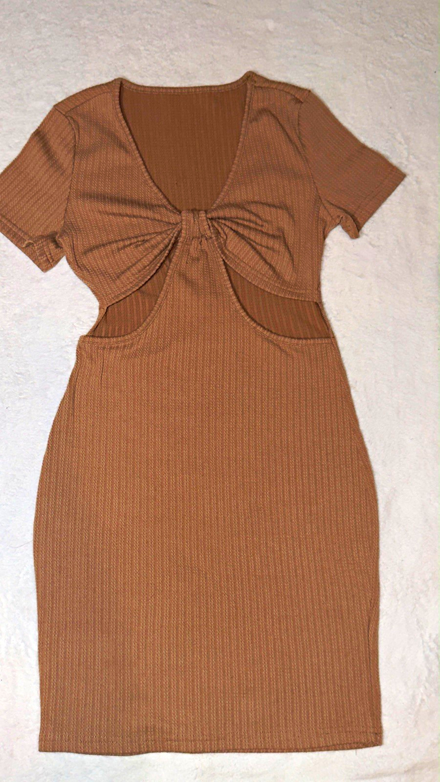 SHEIN Brown Ribbed Knit Bodycon Mini Dress M V-Neck Short Sleeve Cut Out Bow