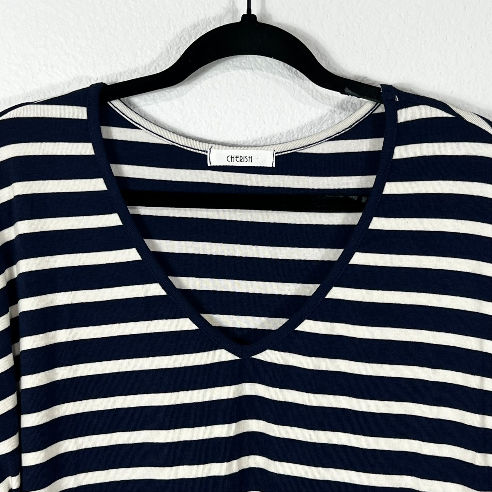Cherish Shift Dress Navy Striped Pockets V-Neck Stretch USA Women’s Small