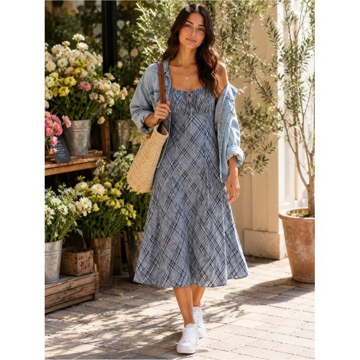 SO Blue Plaid Smocked Midi Dress XS Cottagecore Prairie Sundress