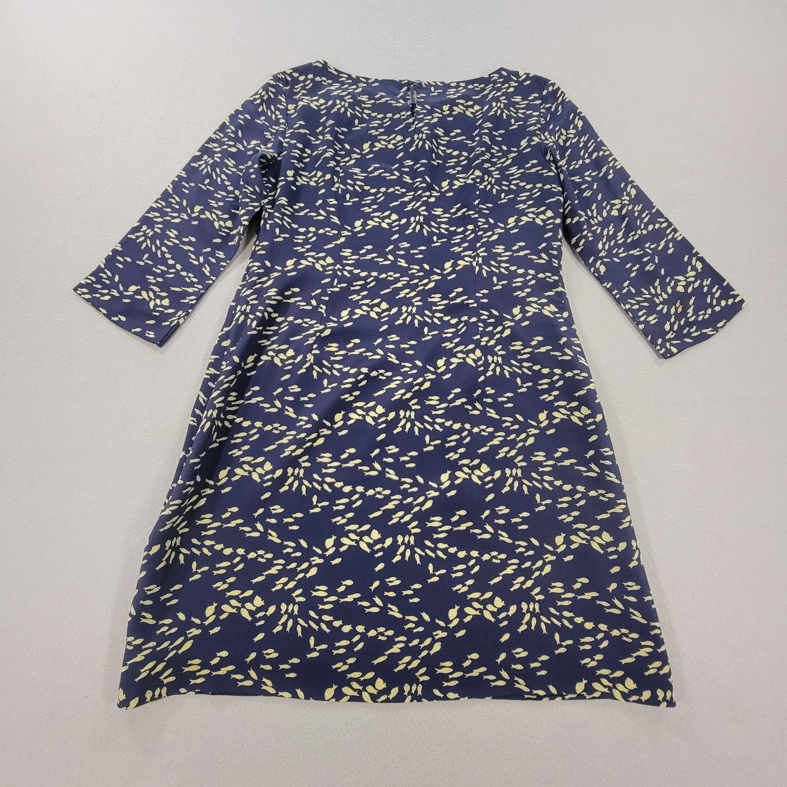 Britt Ryan 100% Silk Fish Print Shift Dress Navy 3/4 Sleeve Women’s Size 8