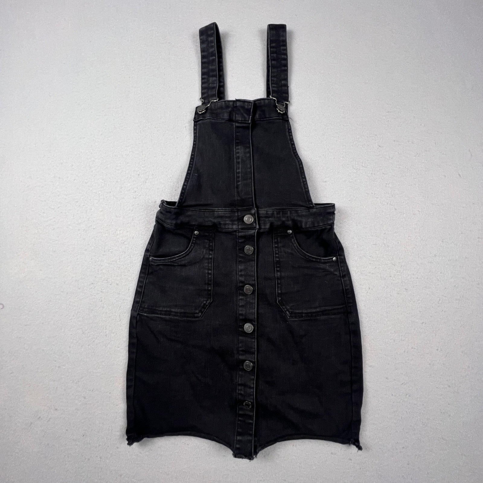 Sky and Sparrow Overall Dress Womens Small Black Denim Button Front Raw Hem Boho