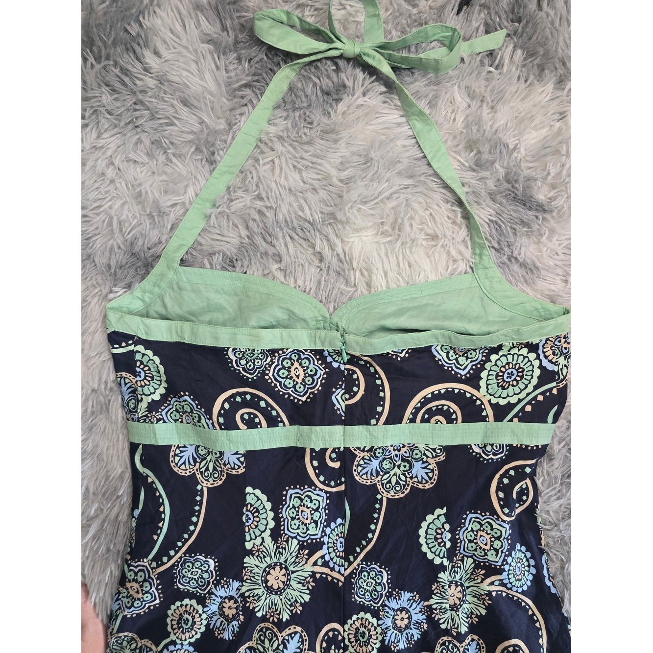 LOFT Y2K Navy Halter Floral Sundress with Mint Trim, Size 10