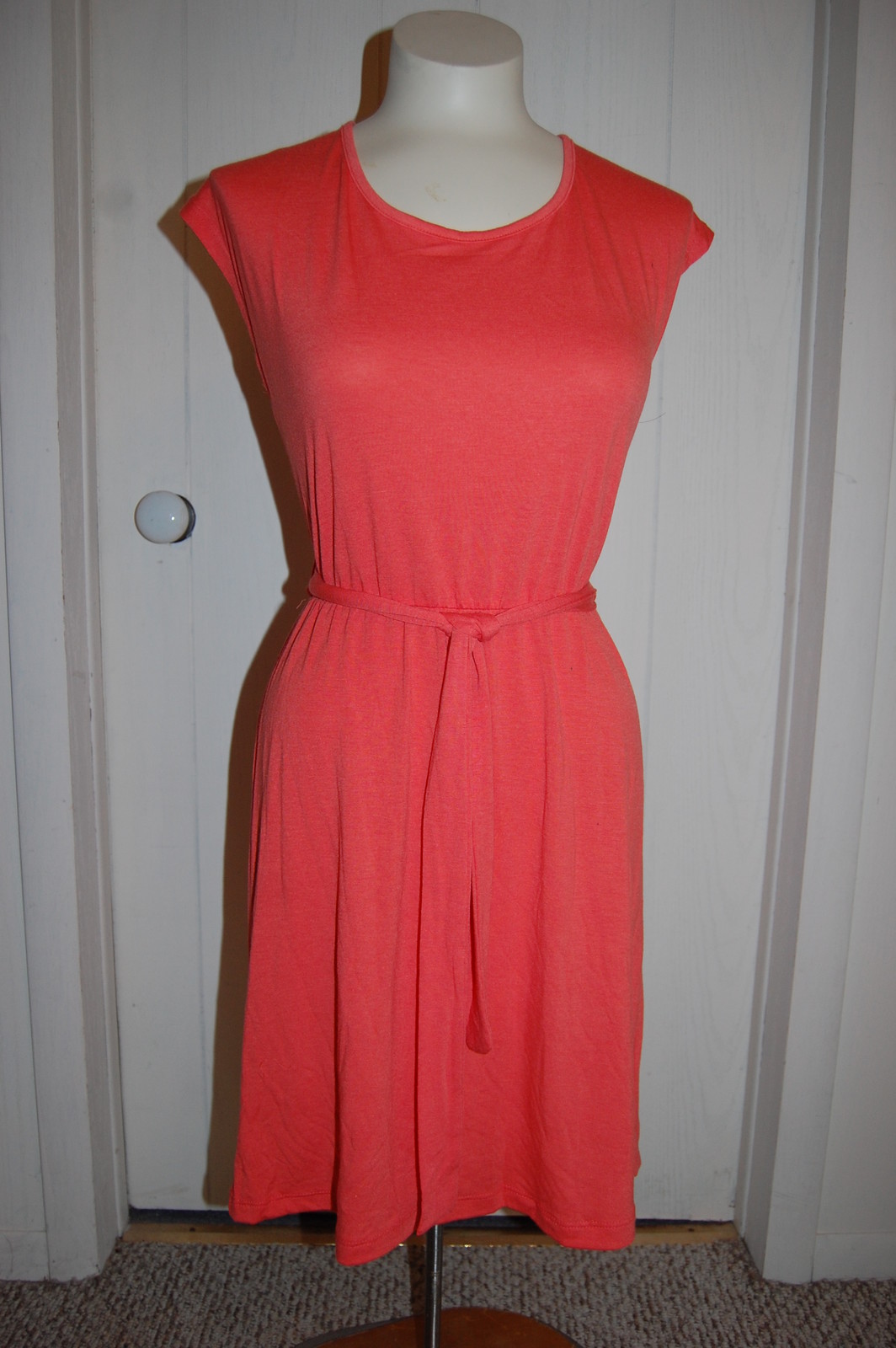 Womens Knit Dress CORAL ORANGE Elast Waist TIE BELT Knee Length M 8-10