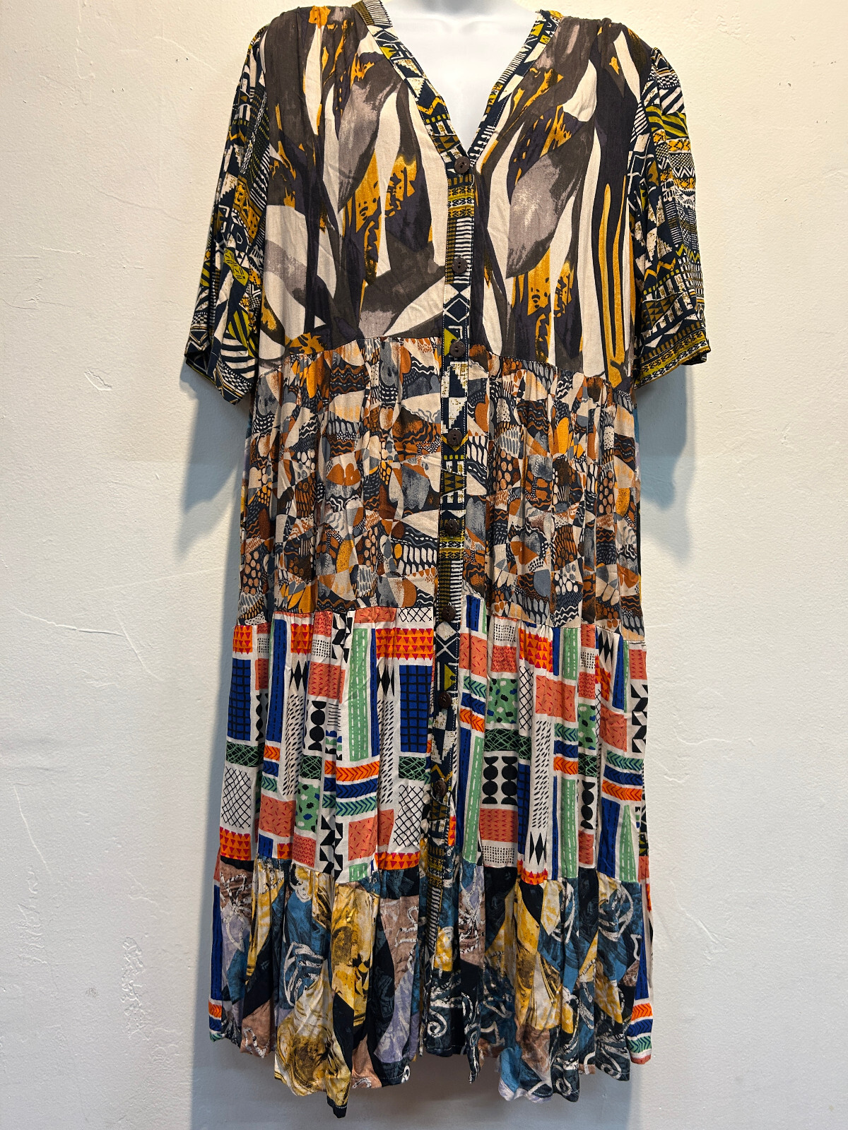 Nwt SACRED THREADS abstract bohemian funky hippie rayon tier DRESS XL Free shipp