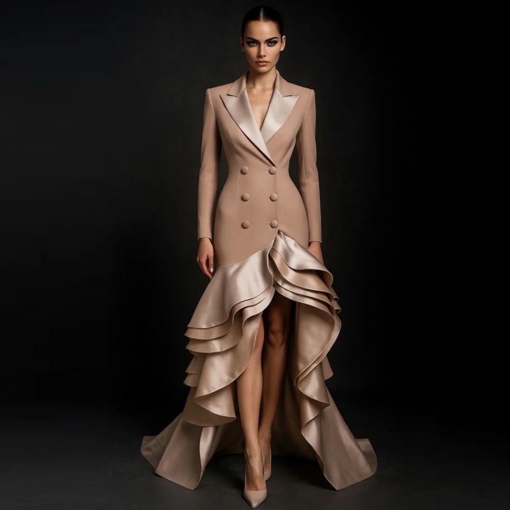Women’s Elegant Double Breasted Blazer Maxi Evening Dress – Ruffle Mermaid Forma