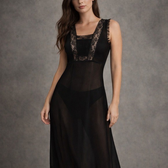 Rumored Black Sheer Maxi Slip Dress M Lace Trim Noir Whimsigoth Dark Coquette