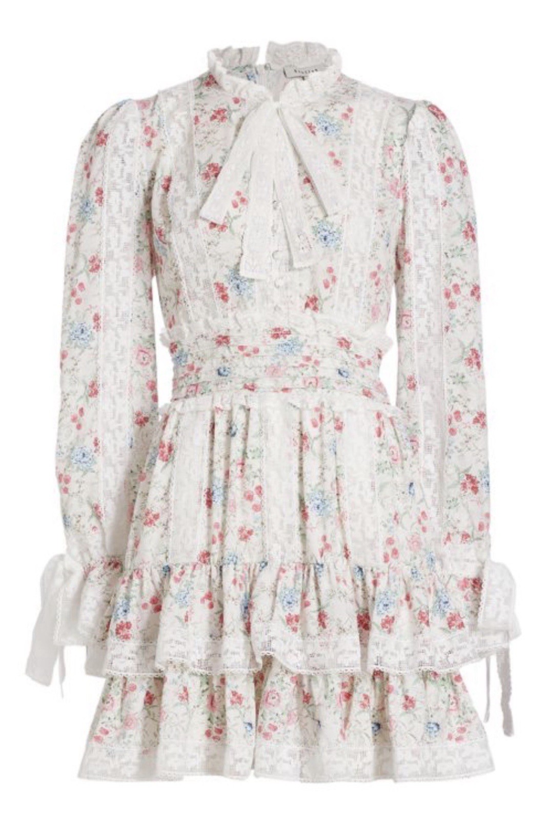 Stellah Women’s White Multicolored Floral Print Tie-Neck Lace Trim Mini Dress M