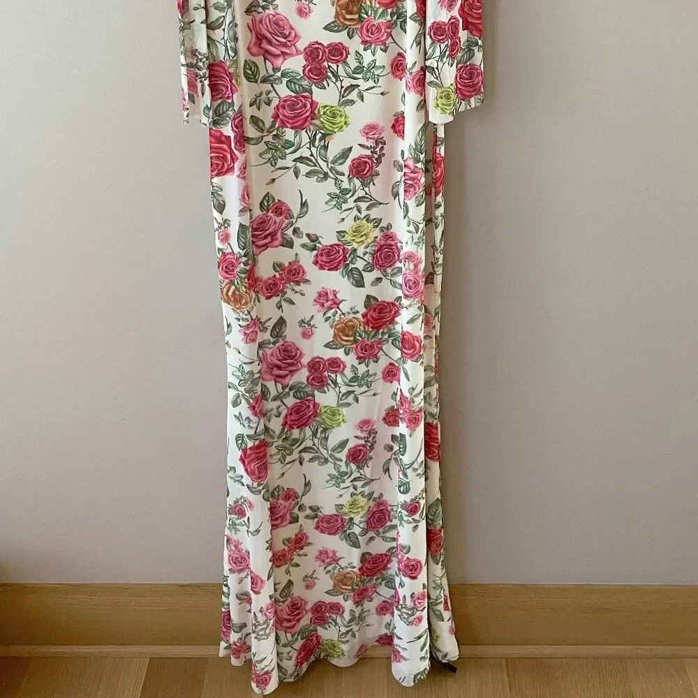 Anthropologie AFRM Off-The-Shoulder Maxi Dress Pink Roses Body-Con NWT