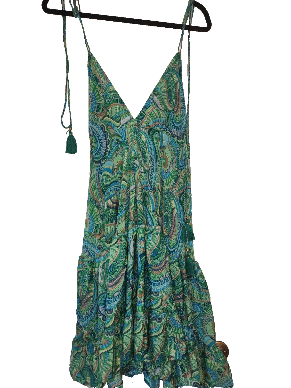 Green blue paisley string strap sun dress boho indie resort vacation