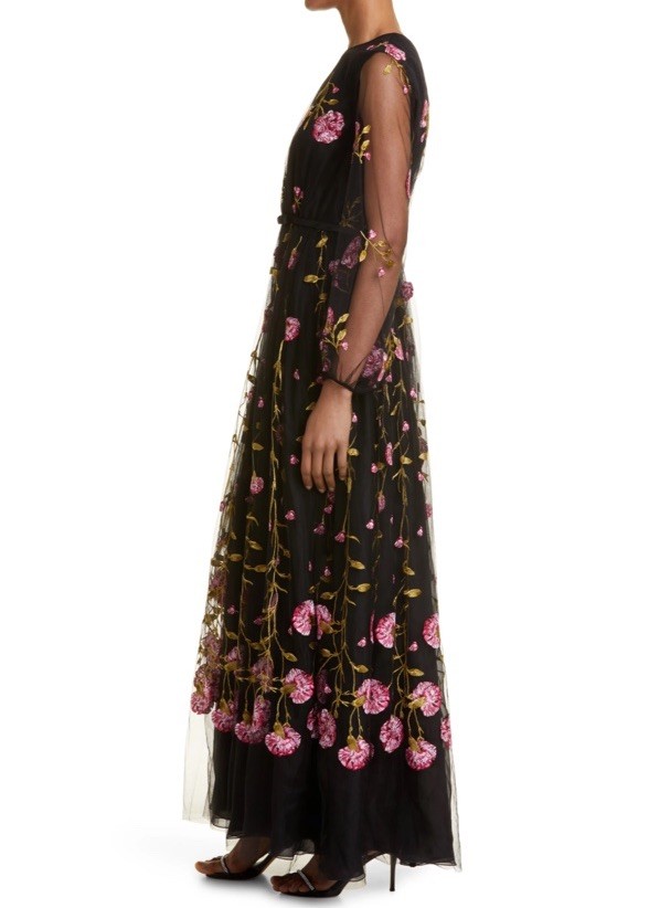 GIAMBATTISTA VALLI Carnation Embroidered Long Sleeve Maxi Dress Black/Rose SZ 4