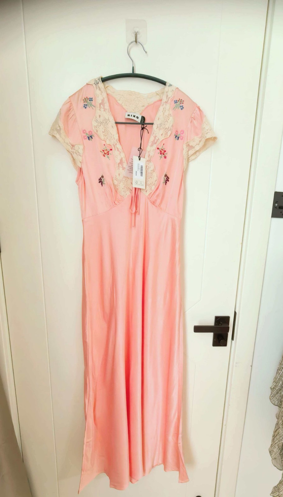 BNWT Rixo Amari Lace-trimmed Satin Peach Midi Dress Size L
