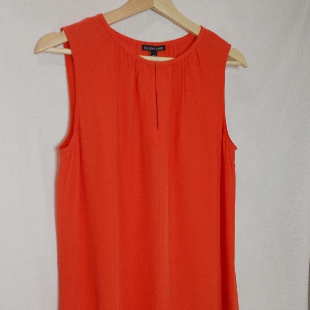 Eileen Fisher Shift Dress Sleeveless Round Split Neck Crepe Tencel Red Orange XS