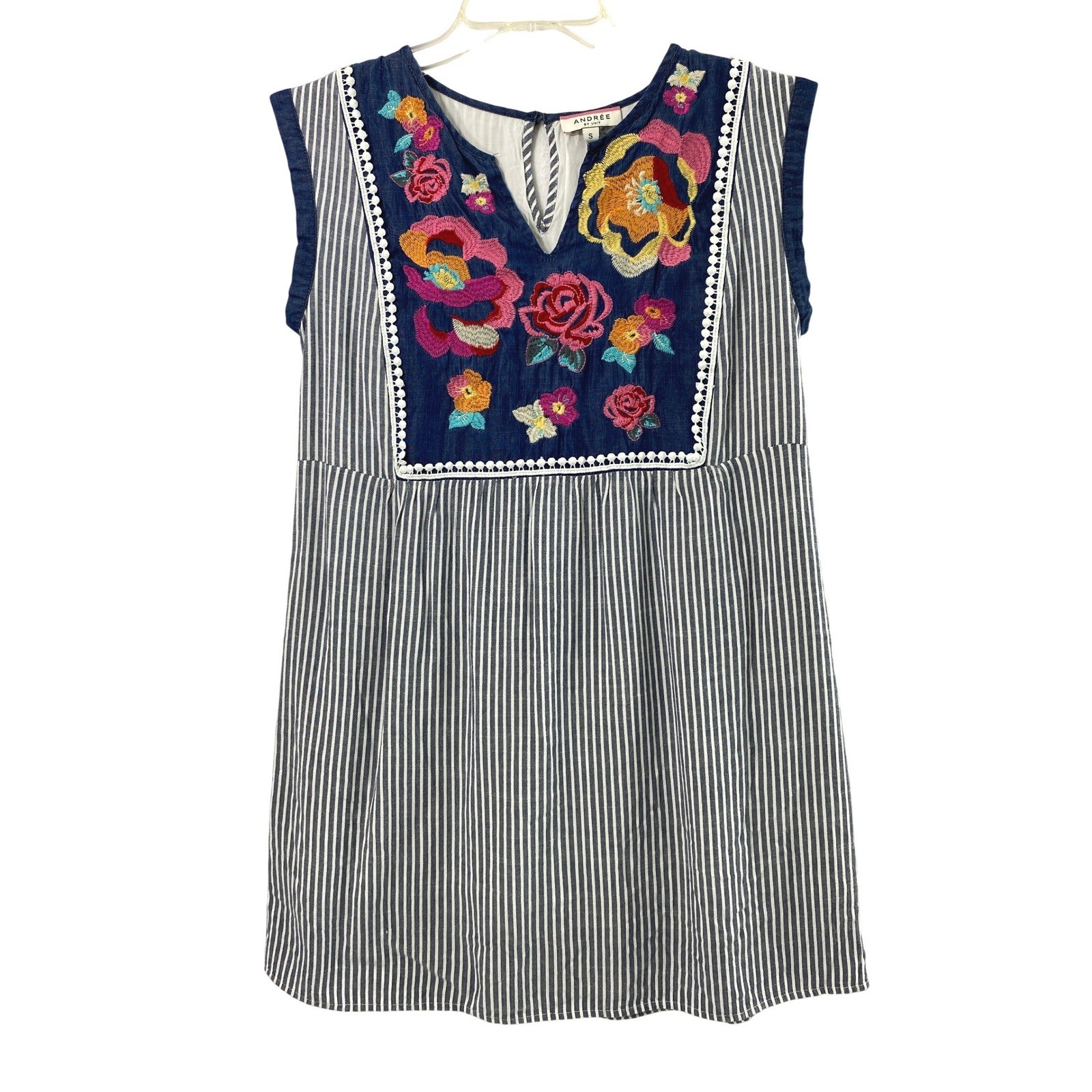 Andree by Unit Sleeveless Tunic Dress Womens Small Floral Embroidered Striped