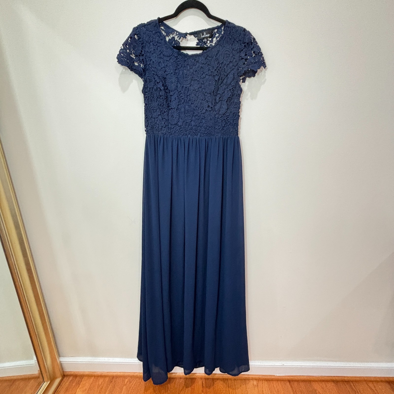Lulus Crochet Lace Maxi Dress L Open Back Navy Blue Cocktails Bridesmaid Wedding