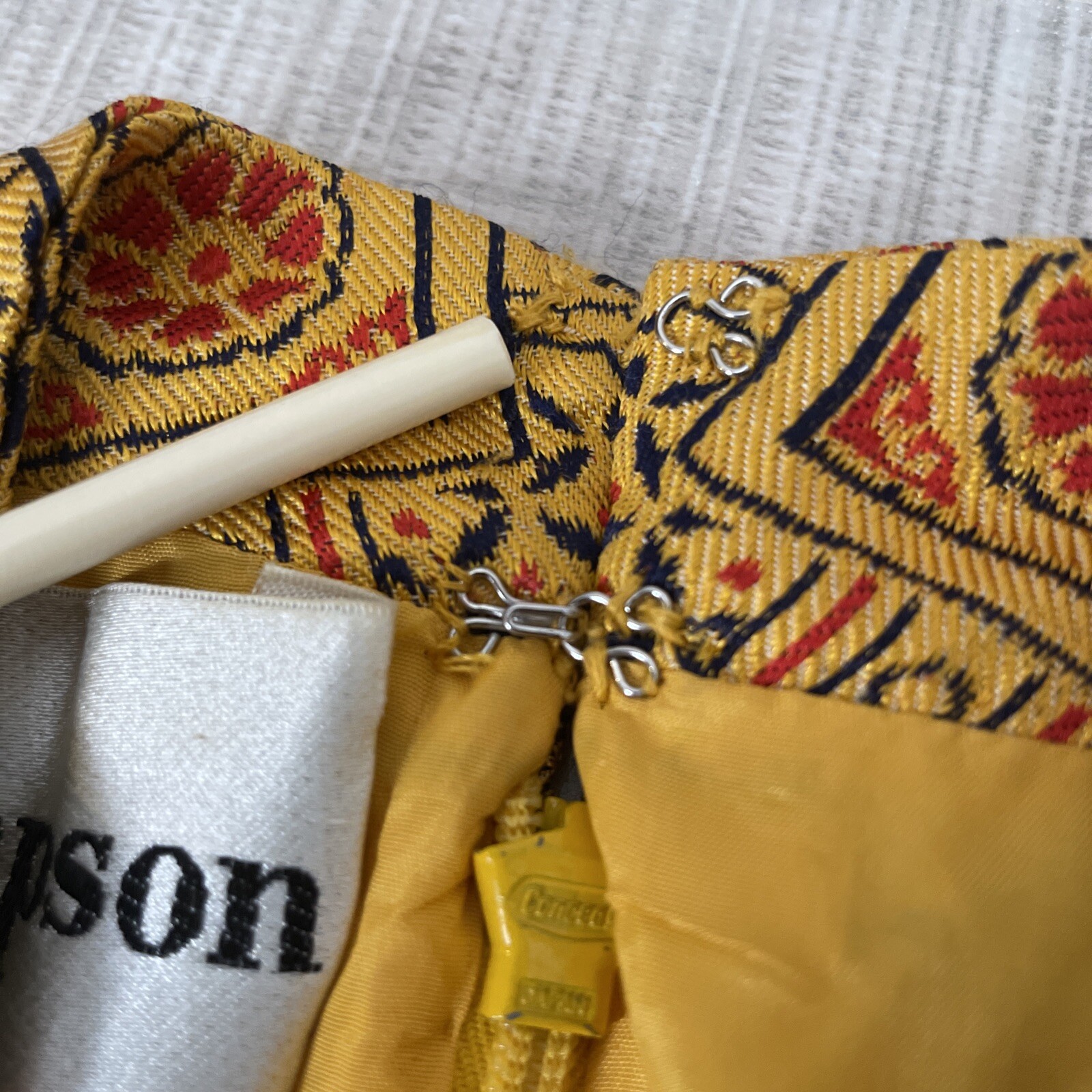 1960s ADELE SIMPSON Yellow Silk Blend Jacquard Chinese Inspired Dress VTG Rare