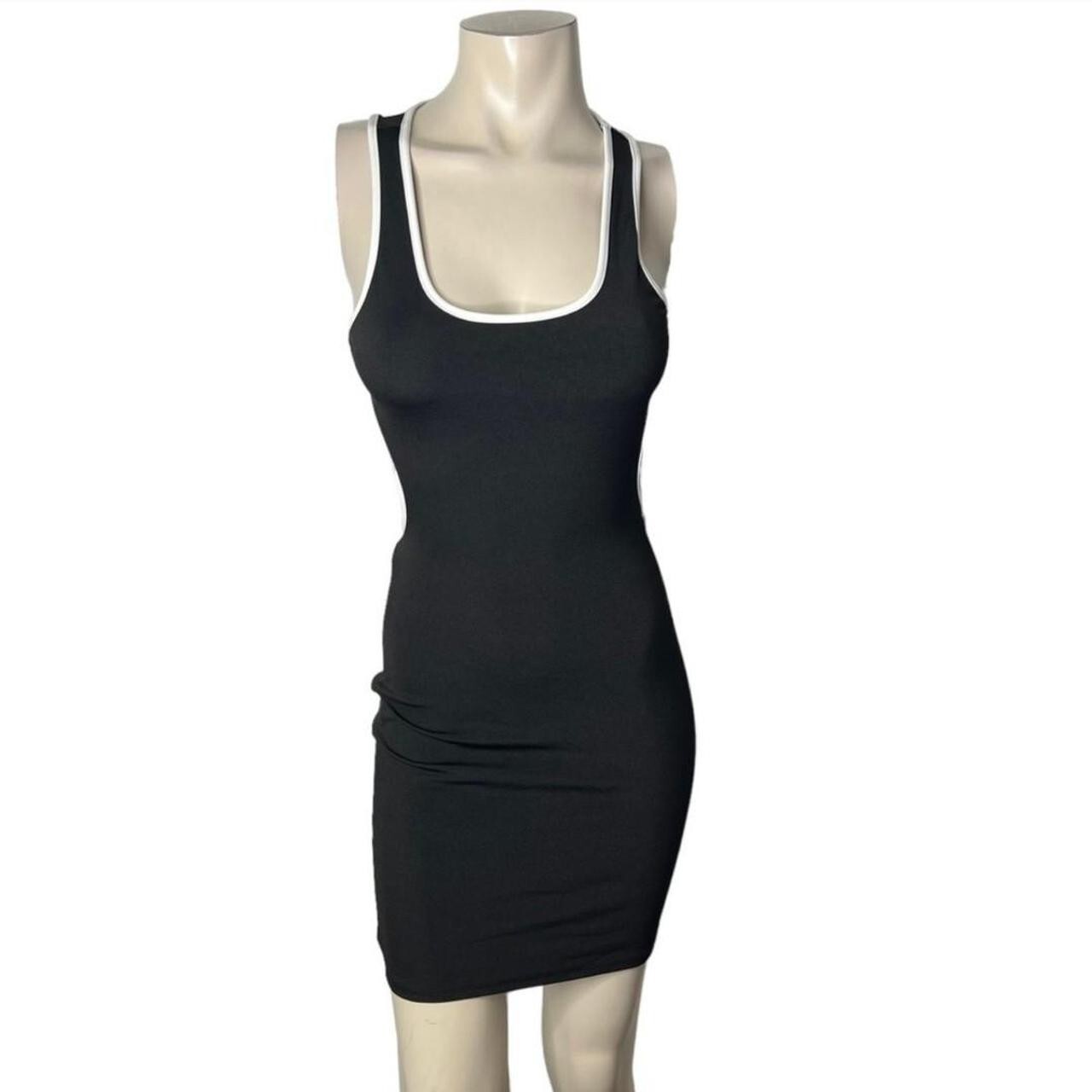 🆕Black & White Trim Cut Out Open Back Stretch Fashion Bodycon Mini Dress~Size S