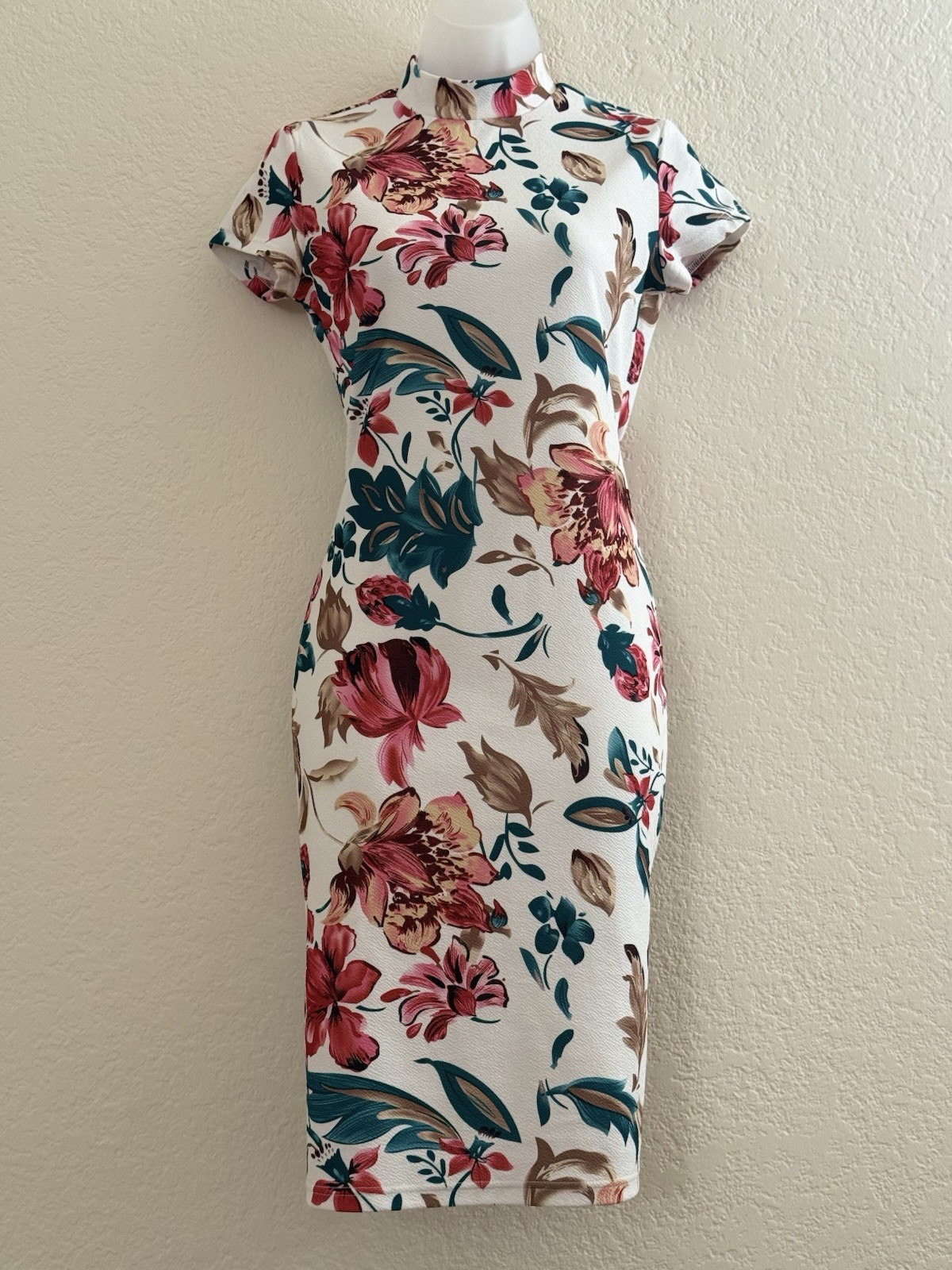 SHEIN Clasi Floral Mock Neck Bodycon Midi Dress White Pink Size S EU 36 US 4