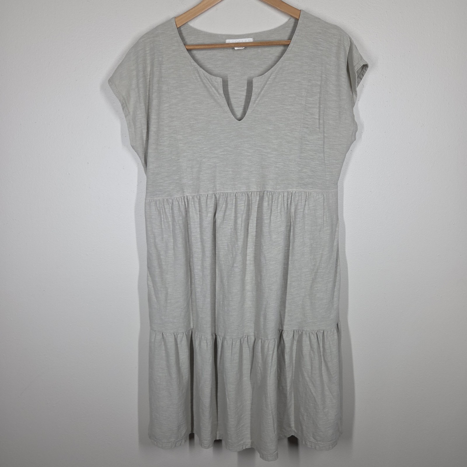 Becasa Taupe Tan Cotton Linen Tired Mini Dress Notch Neck Short Sleeve Medium